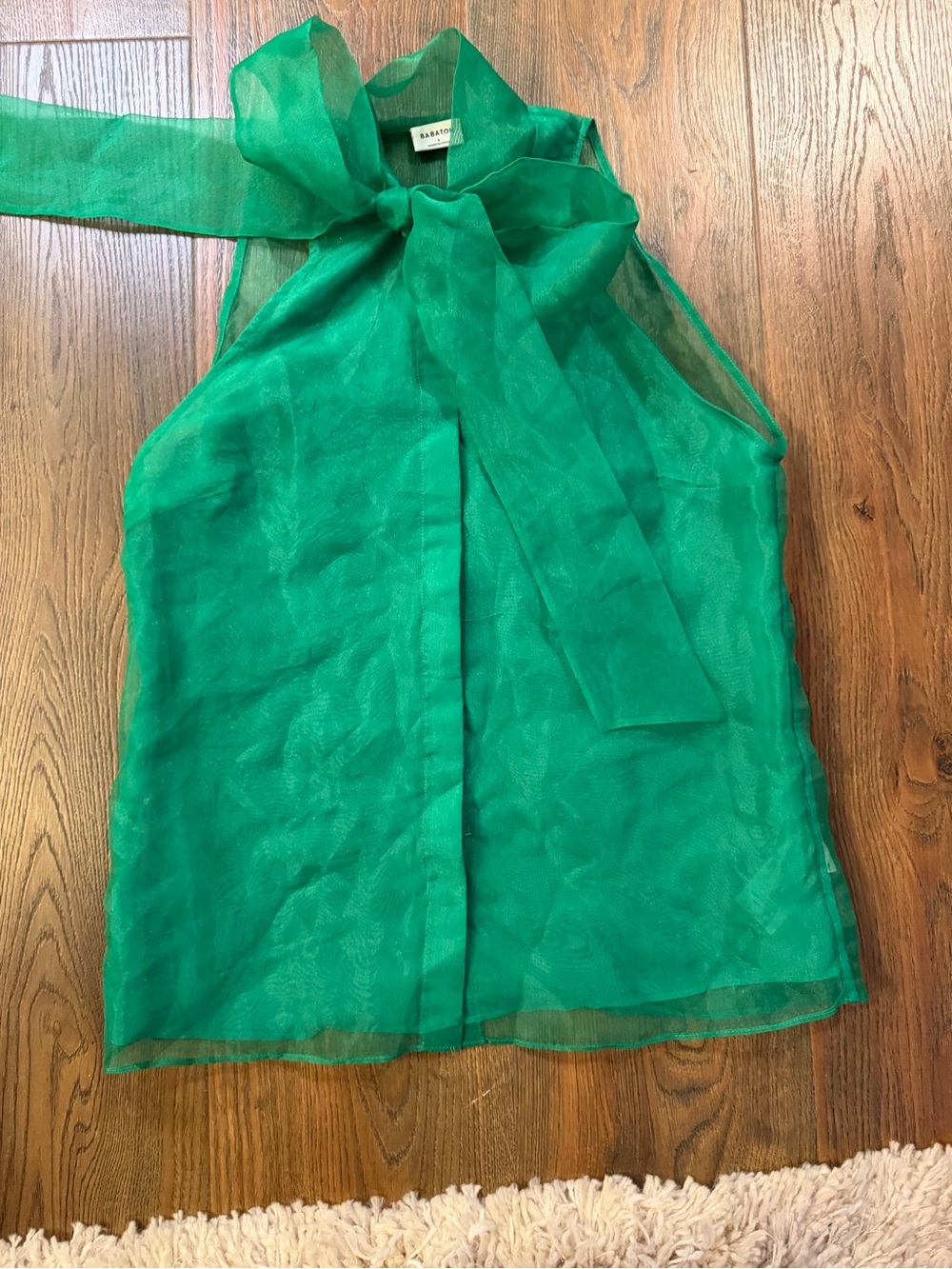 Babaton Green Sheer Button Down Top with Adjustable Tie Neck